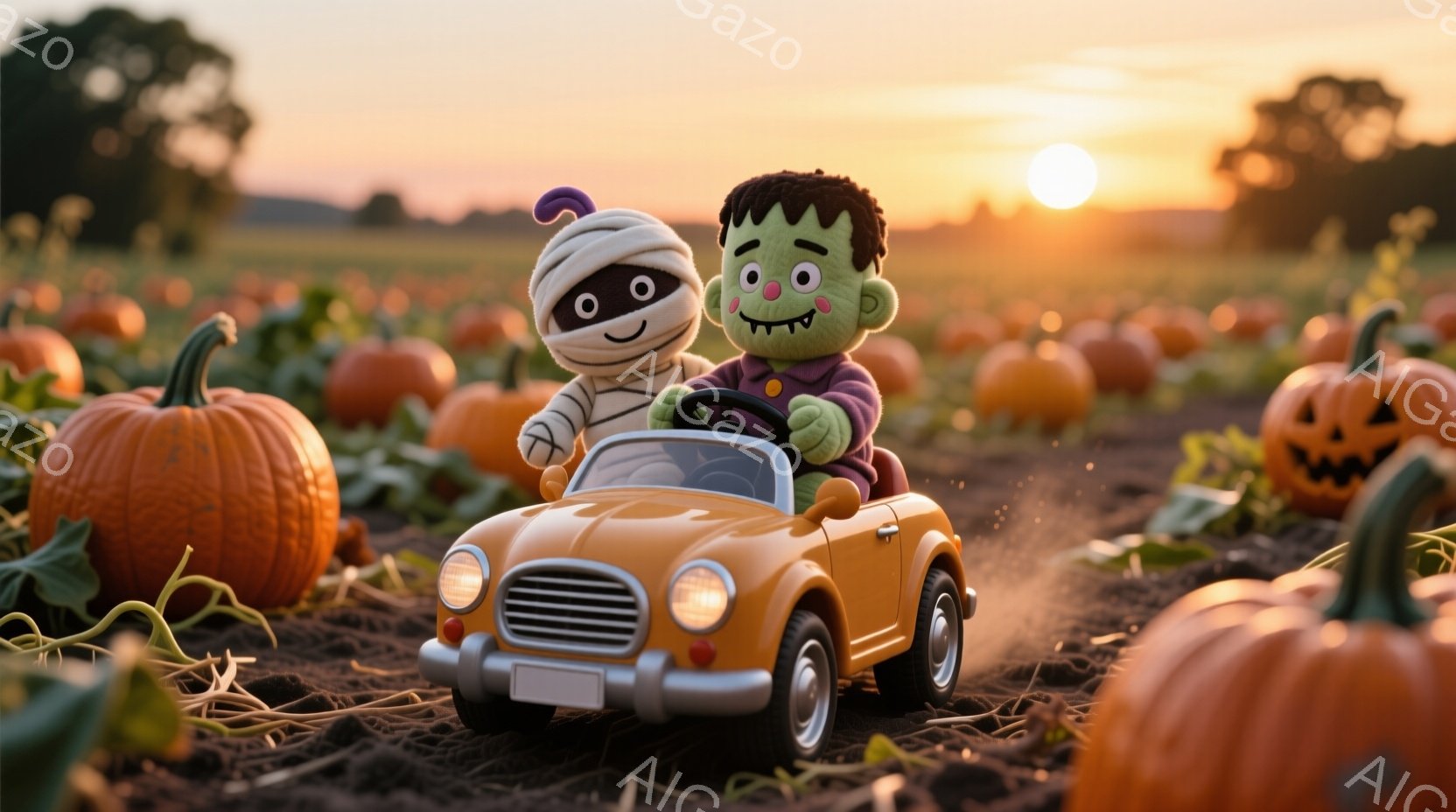 かぼちゃ畑を小さな黄色い車で運転するミイラとフランケンシュタインの人形が描かれています。ミイラは包帯で頭を覆い、大きな笑顔を見せています。フランケンシュタインは緑色の肌に黒髪、優しい表情でハンドルを握 - AI生成フリー素材