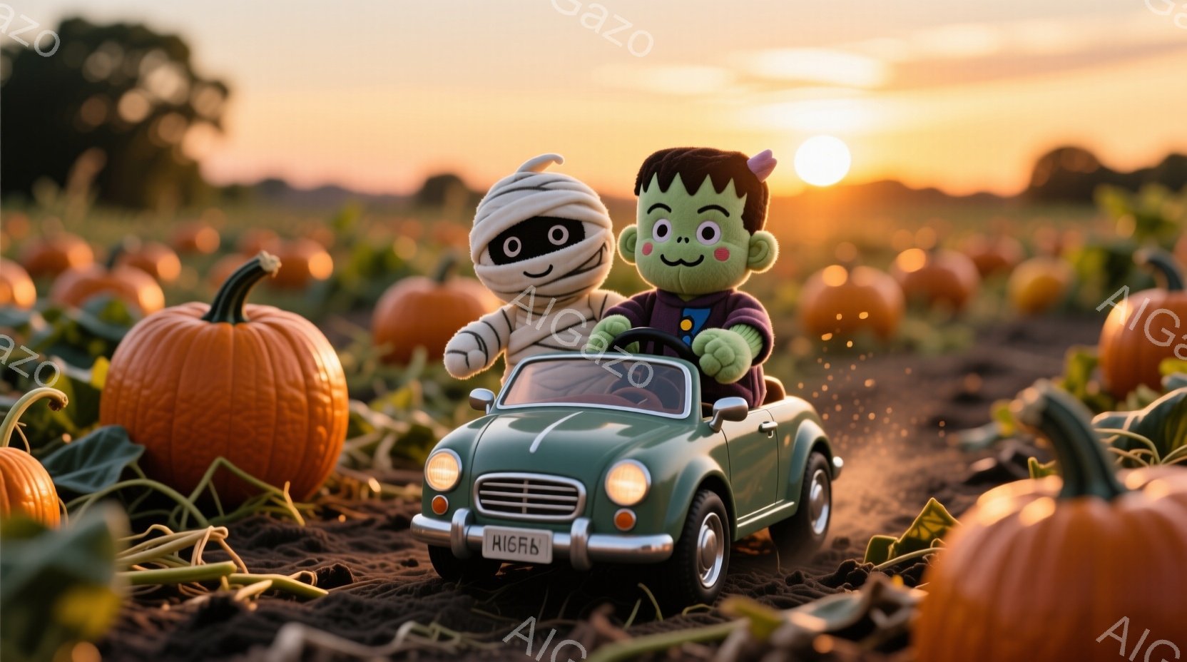 カボチャ畑を緑色の小さな車で運転するミイラとフランケンシュタインの人形が写っています。ミイラは白い包帯で覆われ、笑顔でハンドルを握り、フランケンシュタインは緑色の肌と黒い髪で、少し嬉しそうな表情をして - AI生成フリー素材