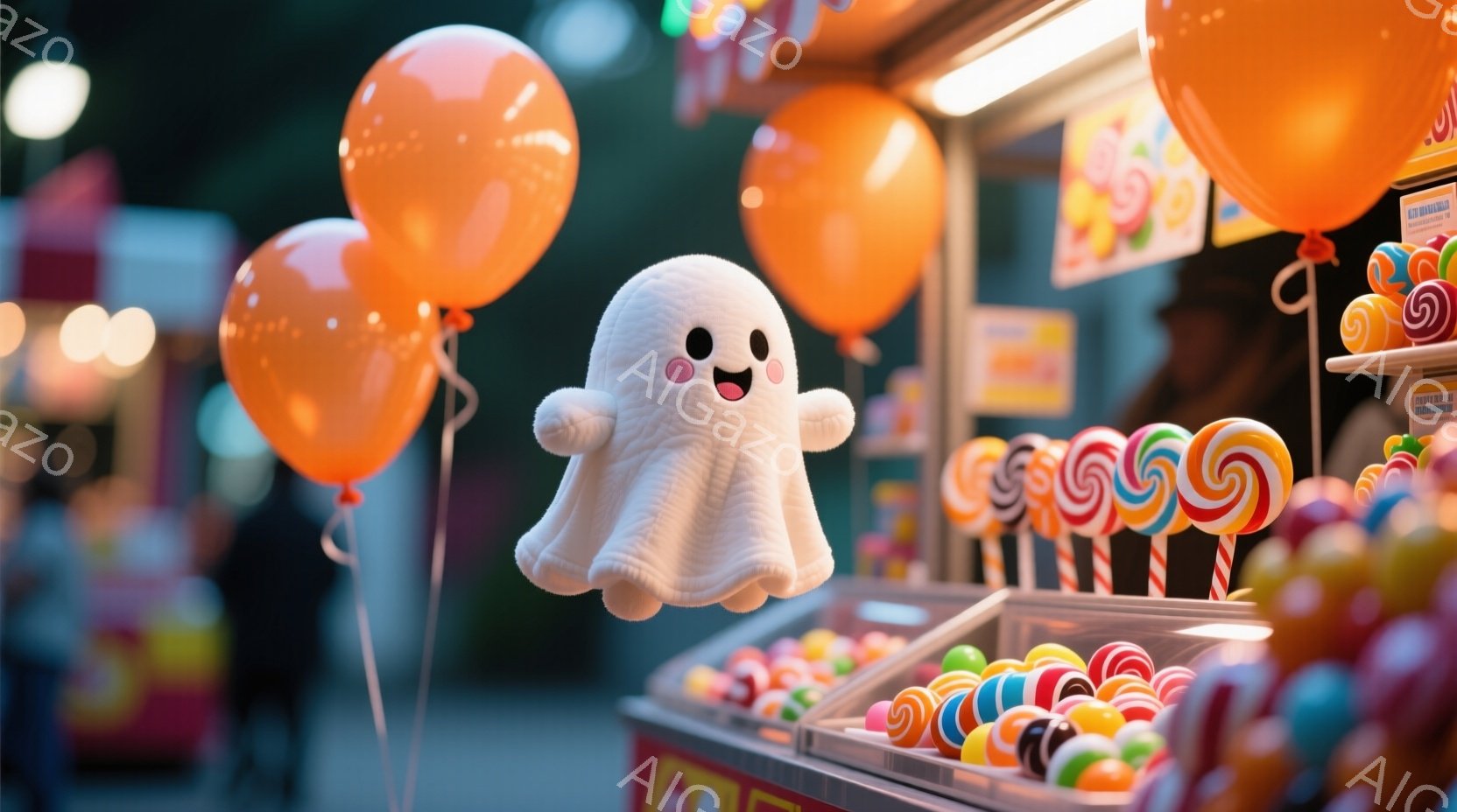 白くてふわふわしたお化けのぬいぐるみが、オレンジ色の風船と一緒にキャンディがたくさん並んだ屋台の前に浮かんでいます。お化けの表情は可愛らしく、口を開けて微笑んでいます。背景には、様々な色のキャンディが - AI生成フリー素材