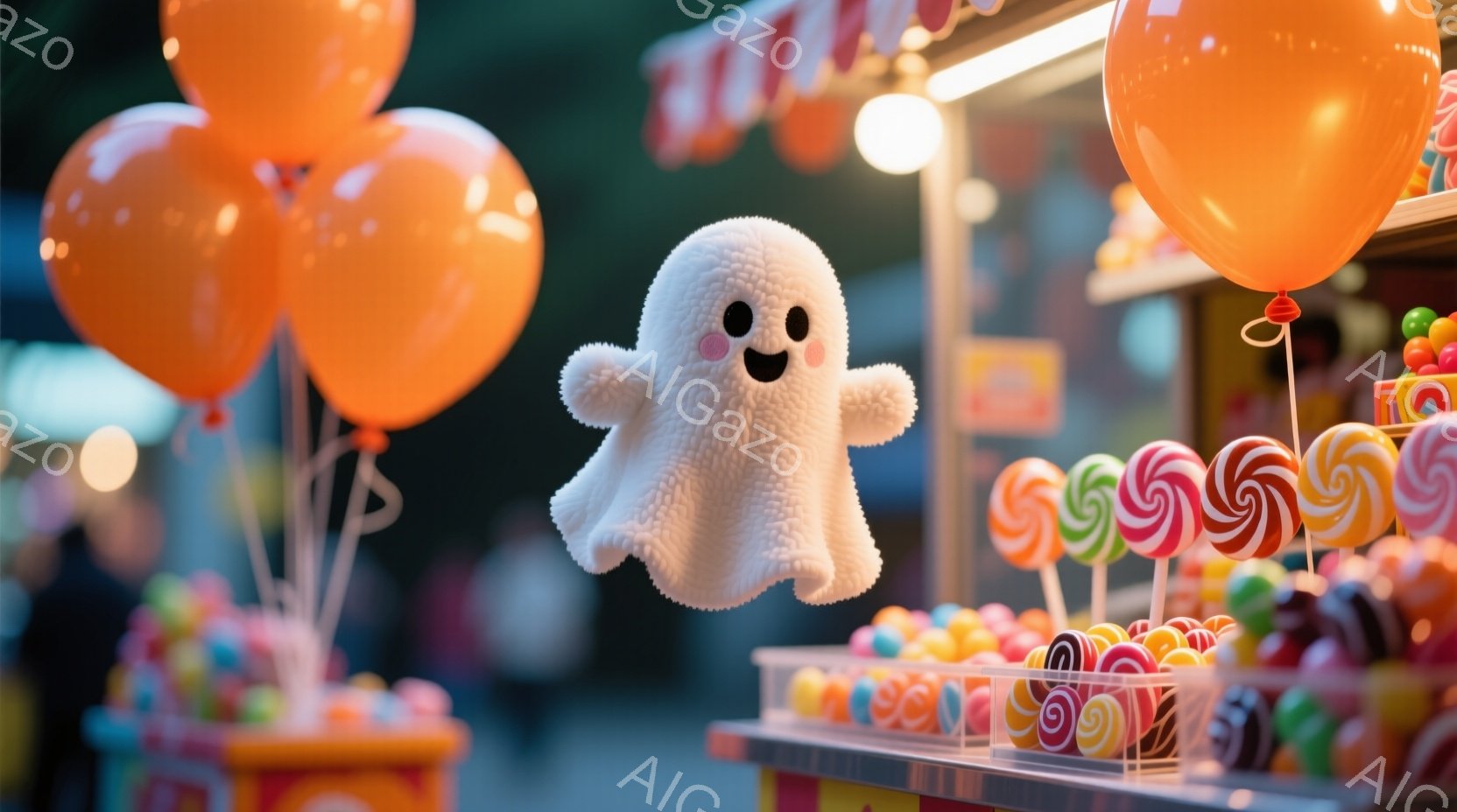 オレンジ色の風船とキャンディーが並ぶ屋台を背景に、愛らしいお化けのぬいぐるみが浮遊している。お化けは丸く、つぶらな瞳と微笑みを浮かべ、可愛らしい印象を与えている。背景はぼやけており、活気のあるお祭りの - AI生成フリー素材