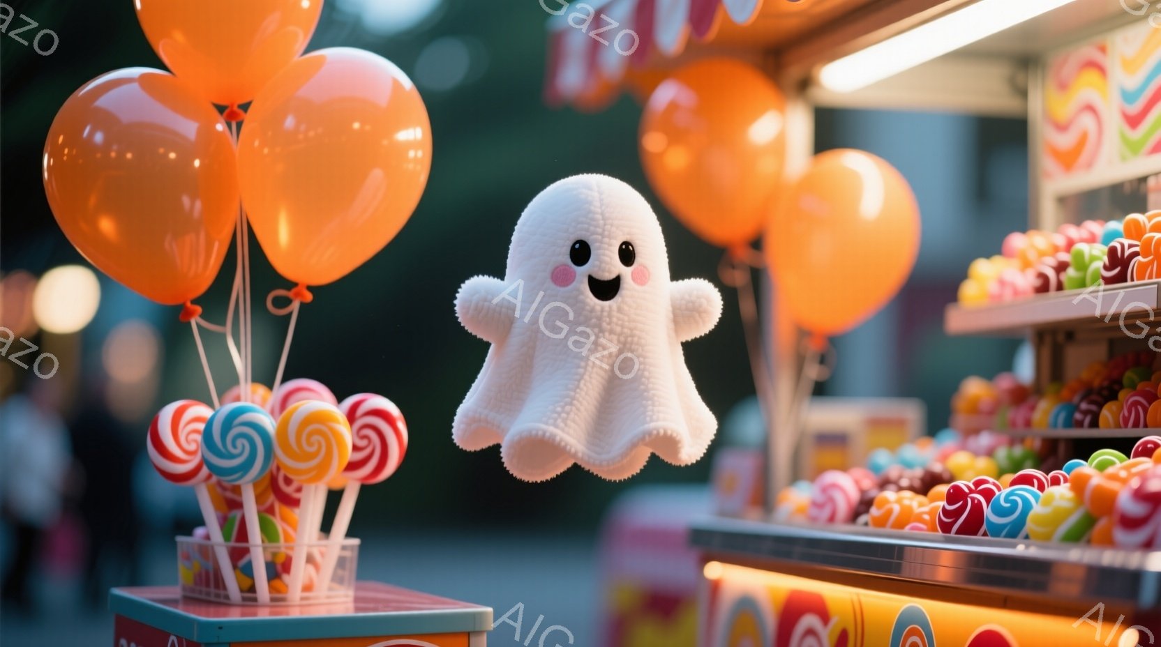 明るいキャンディショップを背景に、ふわふわとした白い幽霊のぬいぐるみが浮かんでいます。カラフルな棒付きキャンディが並んだバスケットとオレンジ色の風船が幽霊の周りにあります。全体的に、お祭り気分で可愛らしい雰囲気が漂っています。