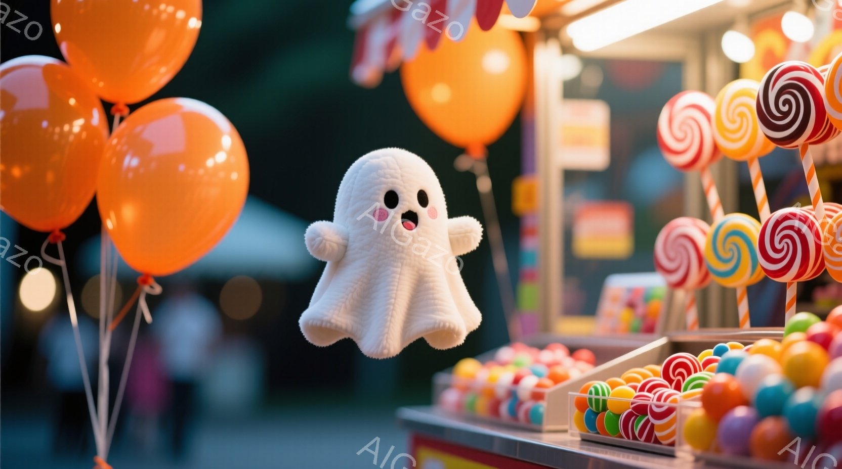 白くてふわふわした幽霊のぬいぐるみは、キャンディーが並んだ屋台の前に浮かんでいます。オレンジ色の風船がいくつか近くにあり、背景にはぼやけた人影と屋台が見えます。全体的に明るく楽しい雰囲気で、お祭りのよ - AI生成フリー素材