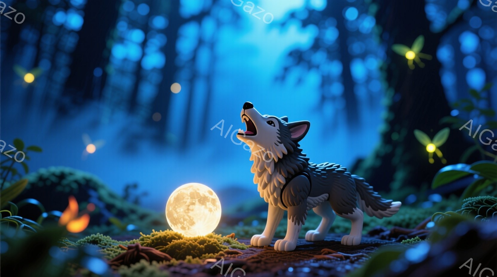 暗い森の中で、灰色の狼が月に向かって吠えている様子が描かれています。周りには緑色の苔とオレンジ色のキノコが生い茂り、空にはぼんやりとした月と、小さな光の玉が舞っています。全体的に幻想的で神秘的な雰囲気 - AI生成フリー素材