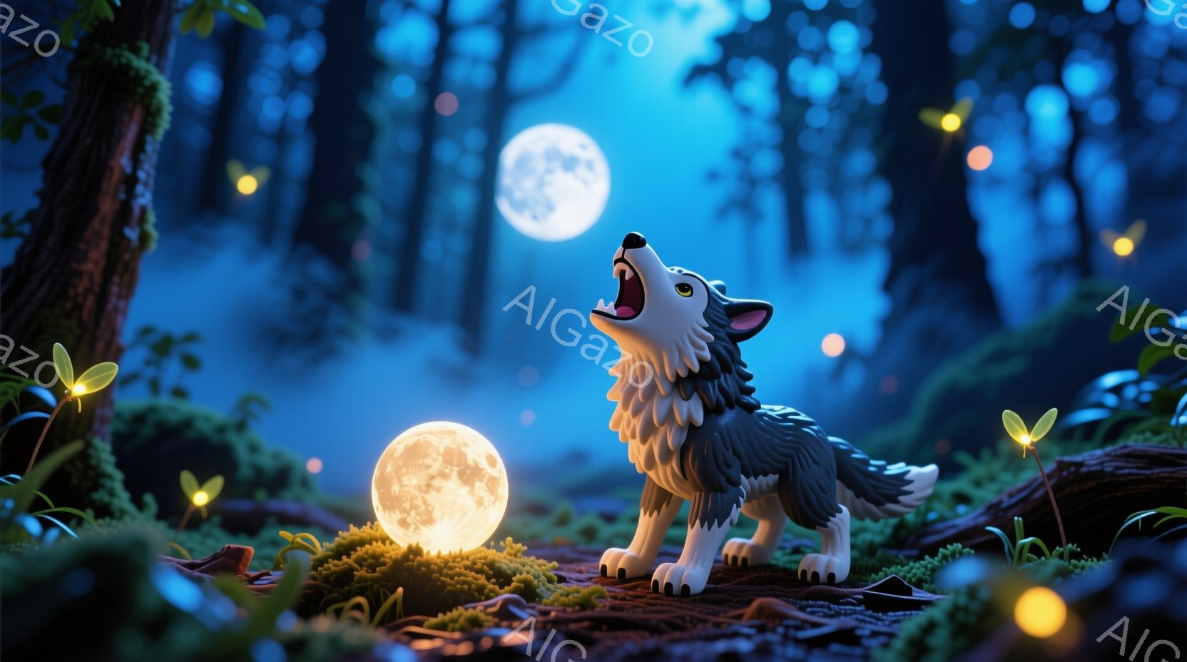 灰色の狼が月明かりの下で吠えている姿が描かれている。周囲は苔むした倒木や草が生い茂る森林で、背景にはシルエット状の木々が立ち並び、幻想的な雰囲気を醸し出している。小さな光る花々が森を照らし、月光と共に - AI生成フリー素材