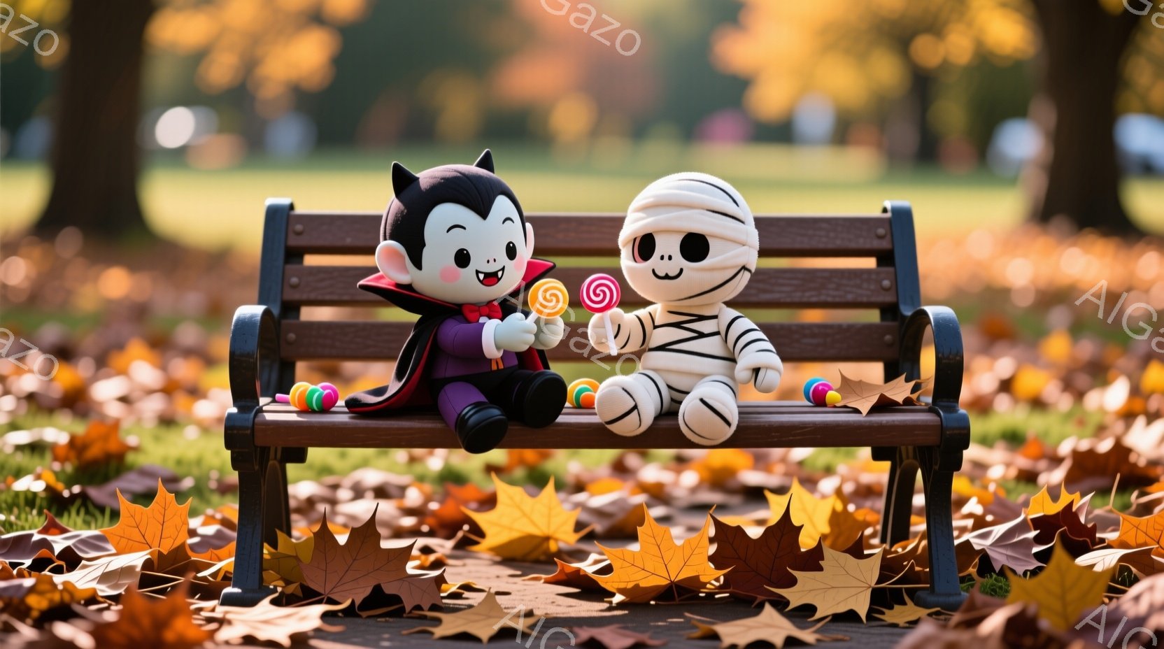 ベンチに座っているのは、吸血鬼とミイラのコスチュームを着たおもちゃです。吸血鬼は黒いマントと赤いベストを着ており、ミイラは包帯で覆われています。背景には落ち葉がたくさんあり、秋の暖かい日差しが差し込ん - AI生成フリー素材