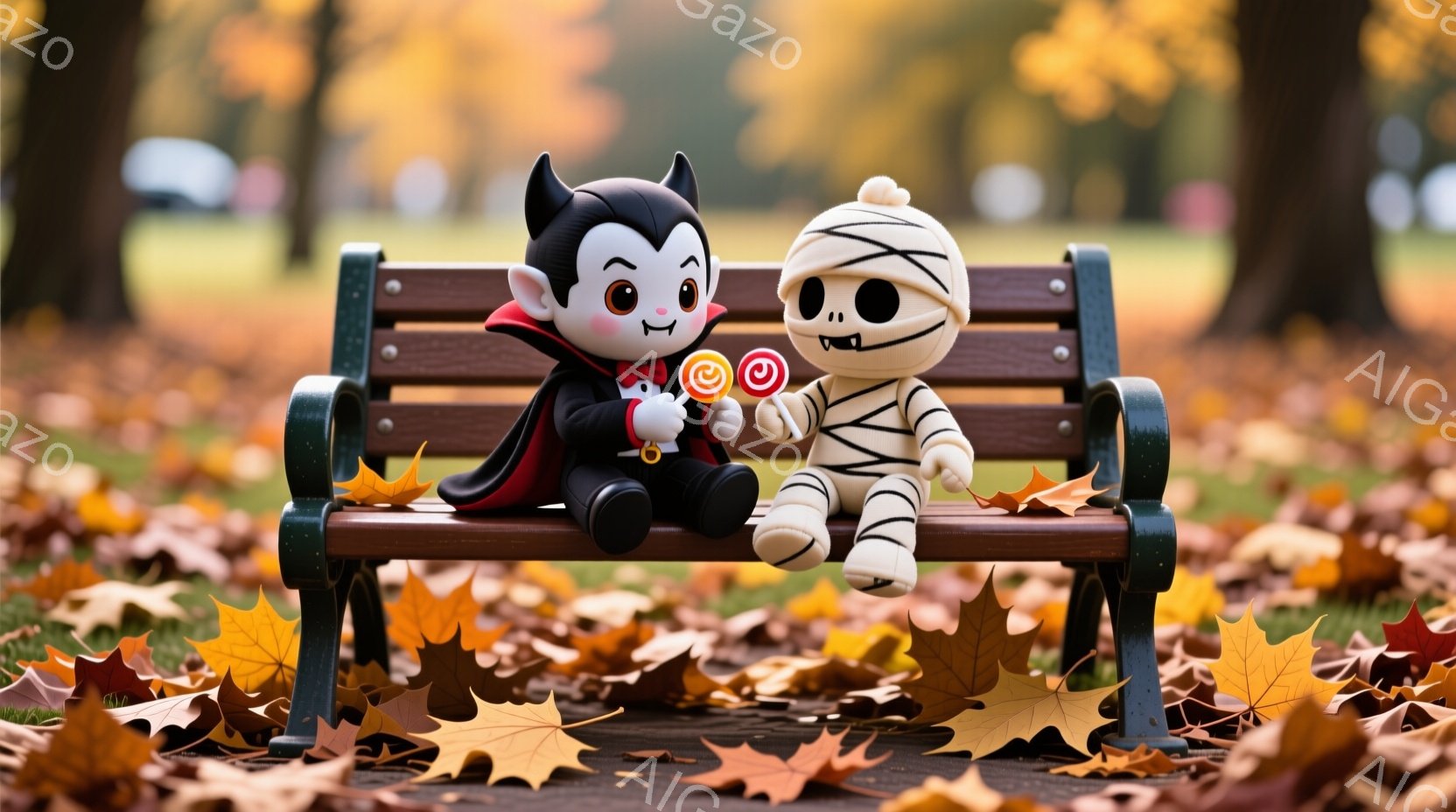 鮮やかな秋の公園で、吸血鬼とミイラの姿をした人形がベンチに座っています。吸血鬼は黒い衣装と赤いマントを身につけ、嬉しそうな笑顔でキャンディーを持っています。背景には紅葉で覆われた道と、ぼやけた木々が見 - AI生成フリー素材