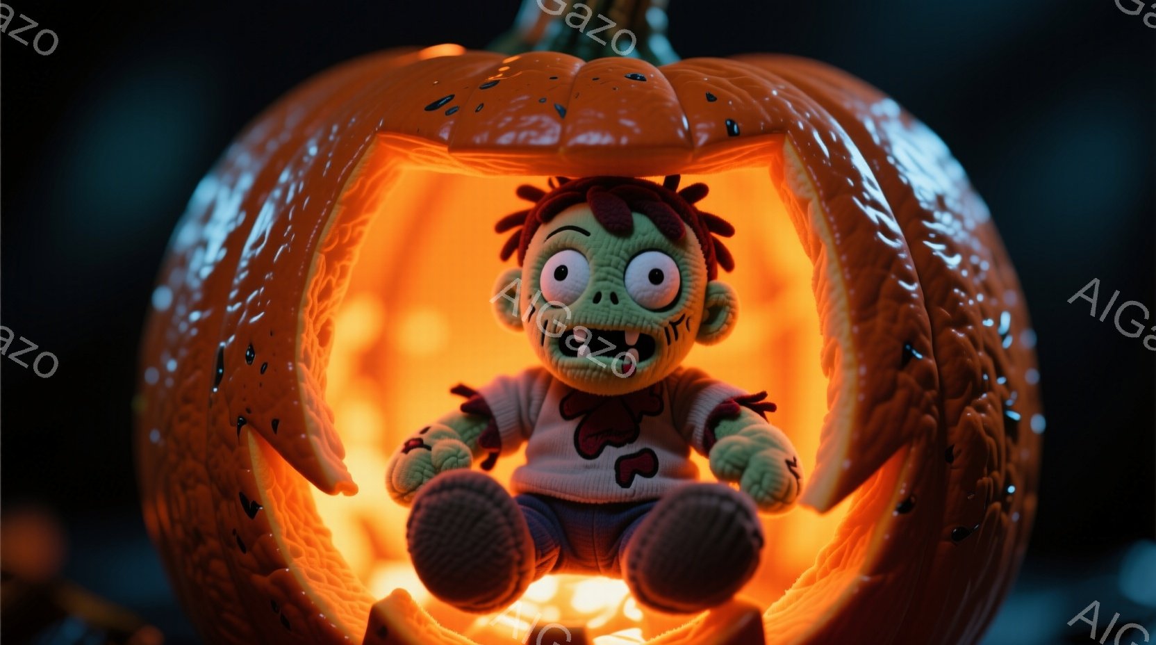 くり抜かれたオレンジ色のカボチャの中に、緑色の肌をしたゾンビ風のぬいぐるみのおもちゃが座っています。茶色のぼさぼさの髪、赤いハートがプリントされた灰色と赤のボーダーのシャツ、そしてズボンを履いています - AI生成フリー素材