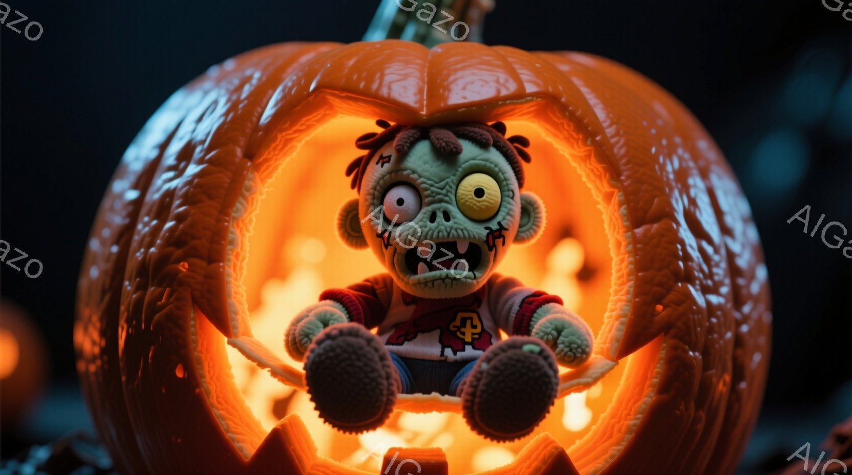 不気味な表情をした小さなゾンビが、くり抜かれたジャック・オー・ランタンの中に座っています。緑色の肌に黒い髪、赤いジャケットを着ており、不気味な笑顔を浮かべています。オレンジ色の光が内部から照らし出され - AI生成フリー素材