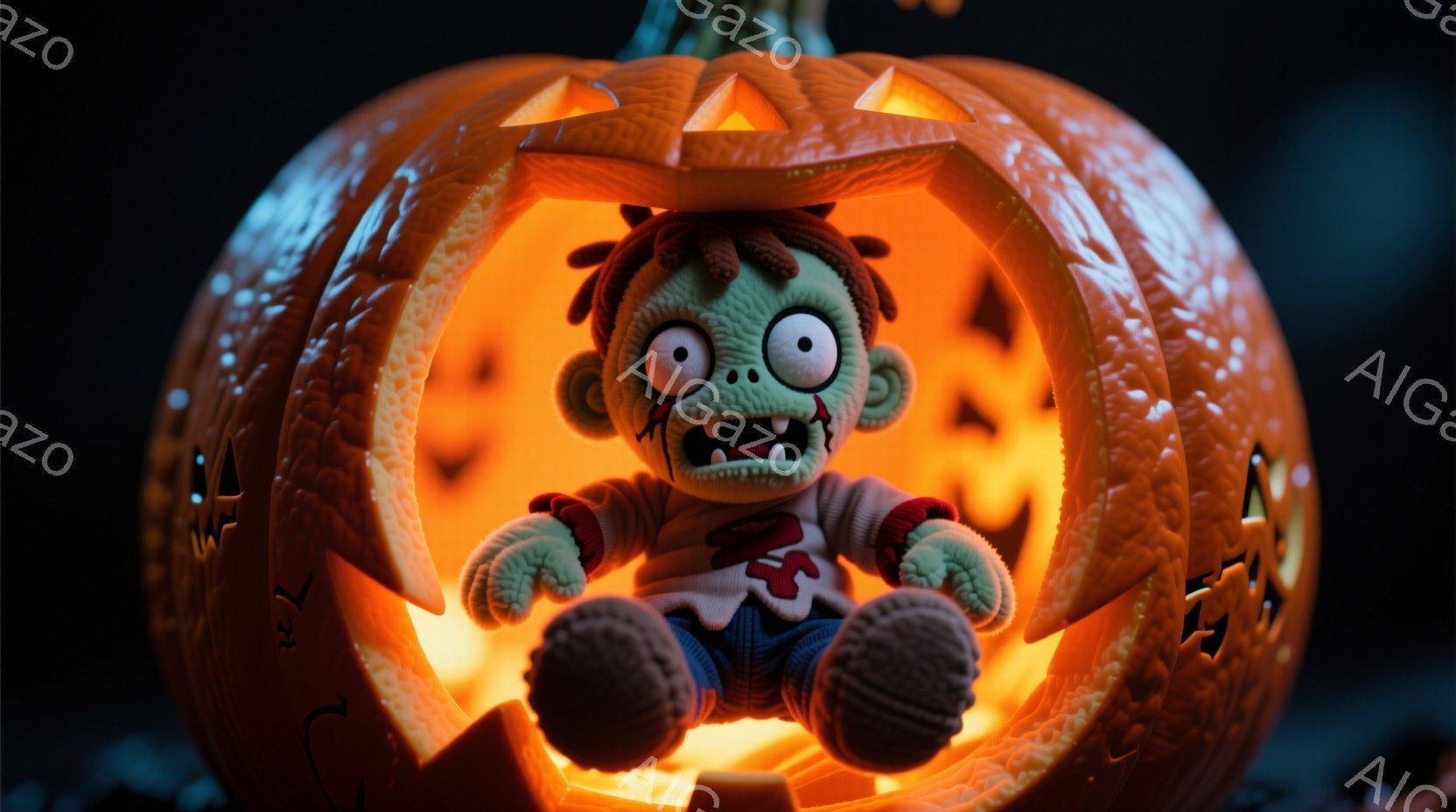 オレンジ色のジャック・オー・ランタンの中に、緑色のゾンビの人形が座っています。人形は紫色の服を着ており、ボサボサの黒い髪と、口を開けて牙を見せている表情をしています。内部は暖かくオレンジ色に光っており - AI生成フリー素材