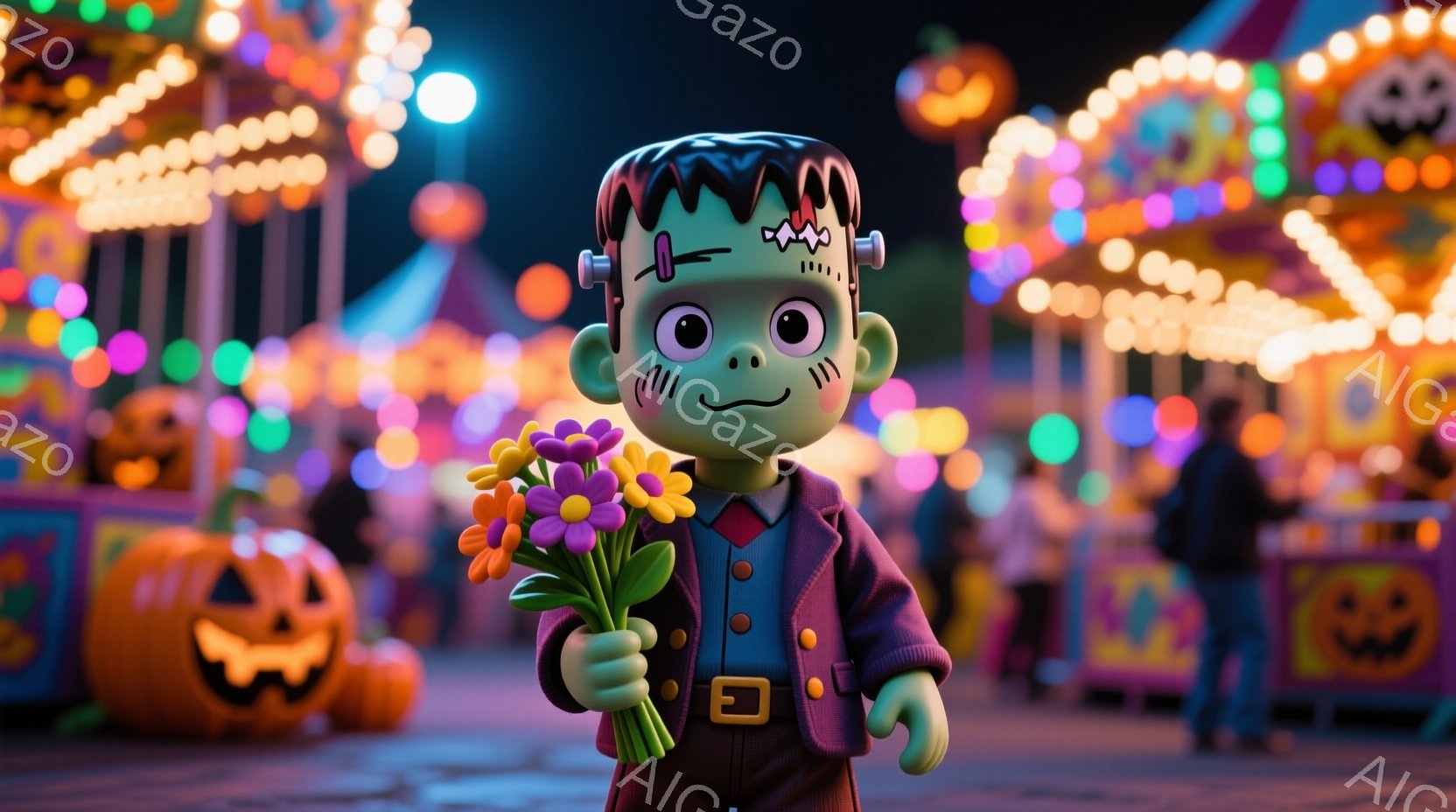 緑色の肌をしたフランケンシュタイン風のキャラクターが、紫色のジャケットと黒いズボンを身につけ、手にカラフルな花束を持っています。彼は正面を向いており、大きな目と穏やかな笑顔が特徴的です。背景には、明る - AI生成フリー素材