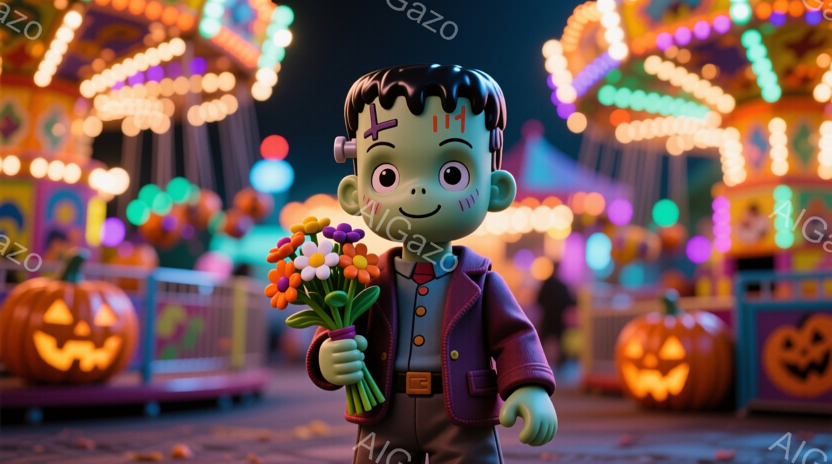 フランケンシュタインをモチーフにしたキャラクターが、カラフルな花束を抱えて立っている様子を描いています。キャラクターは紫色のジャケットと茶色のズボンを着用し、緑色の肌と特徴的なボルトの髪型をしています。背景には、ハロウィーンを思わせる光り輝く遊園地の乗り物やカボチャのランタンが配置され、お祭り騒ぎの楽しい雰囲気を醸し出しています。
