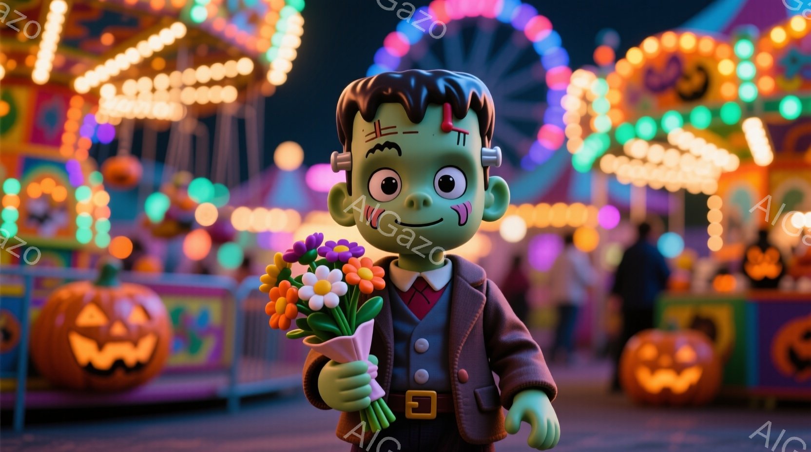 緑色のフランケンシュタインのモンスターが、カラフルな花束を抱えて立っている。彼は、ダークグレーのスーツに赤いネクタイとベルトを着用し、特徴的なボルトの髪型と明るい笑顔を見せている。背景には、ハロウィー - AI生成フリー素材