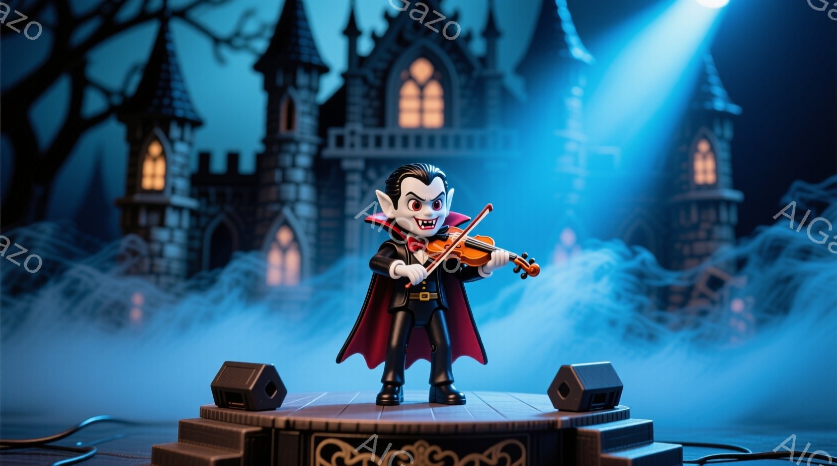 吸血鬼のようなキャラクターが、ステージ上でバイオリンを演奏しています。黒髪で整った髪型、赤いコート、白いシャツを着ており、少し微笑んでいる表情です。背景には、霧に包まれたお城と、暗い夜空が広がっており - AI生成フリー素材