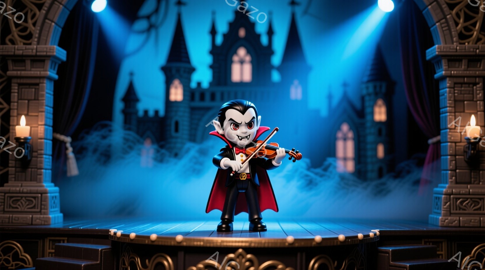 小さな吸血鬼がステージ上でバイオリンを演奏しています。彼は黒いスーツに赤いマントを羽織り、整った髪型と少し笑みを浮かべた表情をしています。背景にはお城が聳え立ち、霧が立ち込めており、舞台の装飾と相まっ - AI生成フリー素材