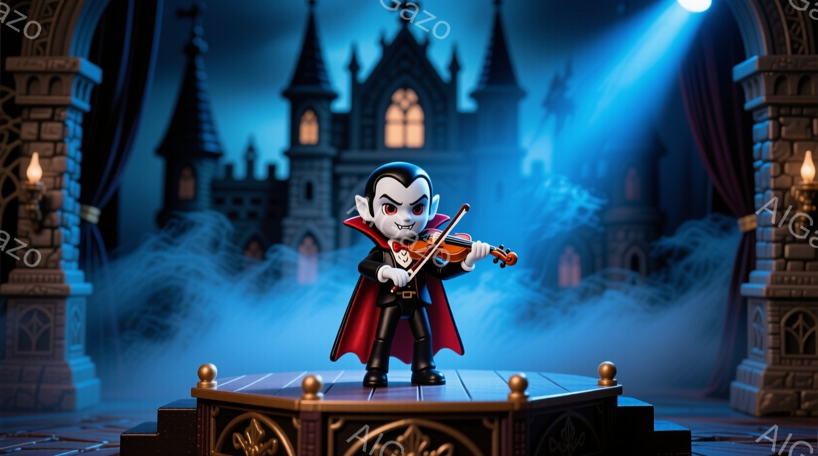 小さな吸血鬼がステージ上でバイオリンを演奏しています。彼は黒いスーツに赤いケープを羽織り、整った髪型で、少し微笑んだ表情をしています。背景には、霧に包まれた城と、両脇に飾られたトーチがあり、不気味であ - AI生成フリー素材