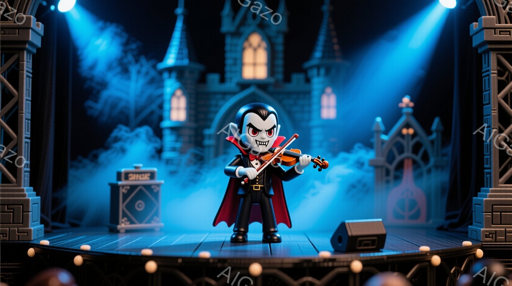 ステージ上でバイオリンを演奏する小さな吸血鬼を描いています。彼は黒いスーツ、白いシャツ、赤いマントを着用し、鋭い牙を見せています。背景にはお城と霧があり、スポットライトが彼を照らし、全体的に不気味で楽しげな雰囲気を作り出しています。