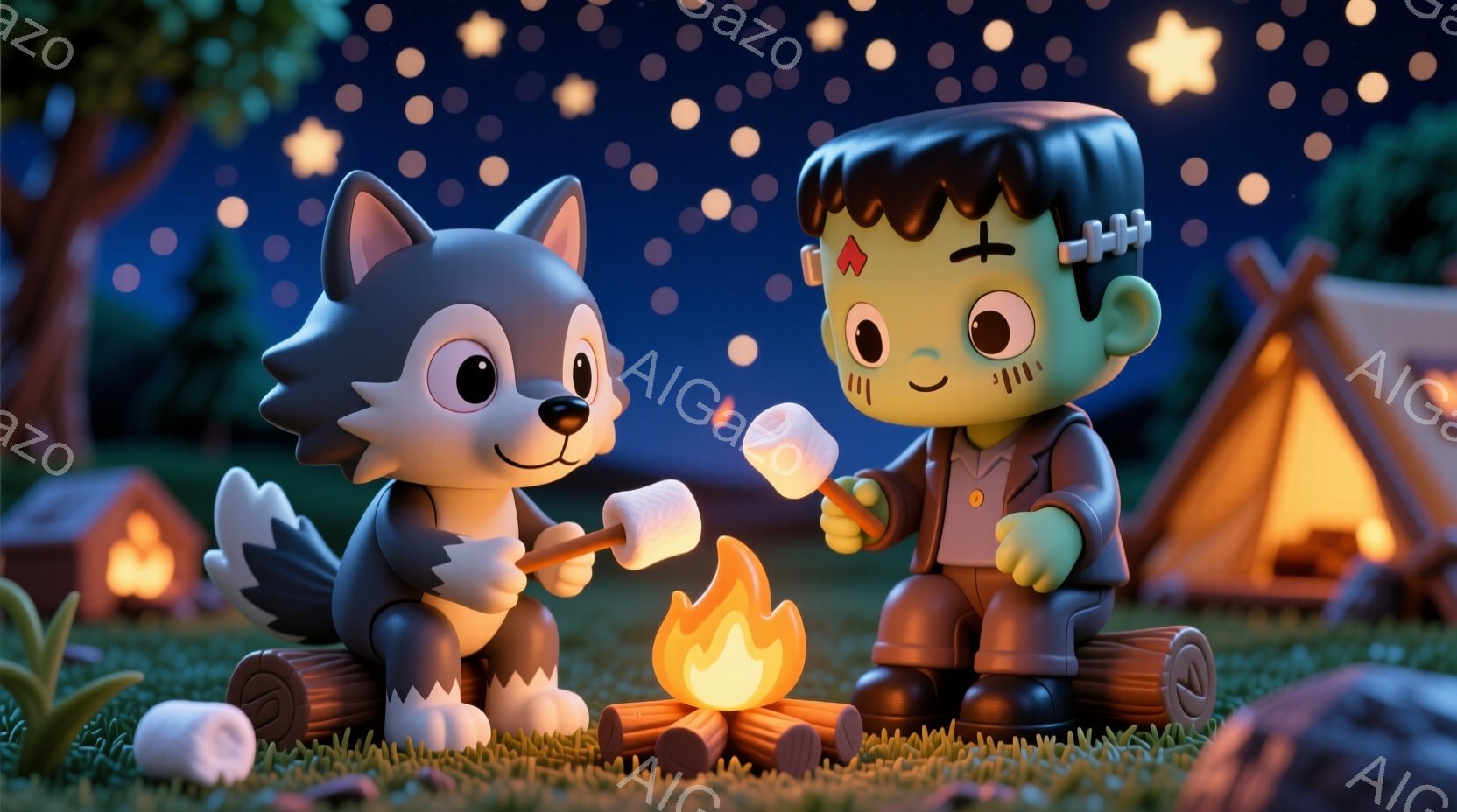 キャンプファイヤーの周りに座っている、可愛らしい狼とフランケンシュタインを描いています。狼はグレーの毛並みで、優しい笑顔を浮かべてマシュマロを刺した棒を傾けています。フランケンシュタインは緑色の肌に、 - AI生成フリー素材