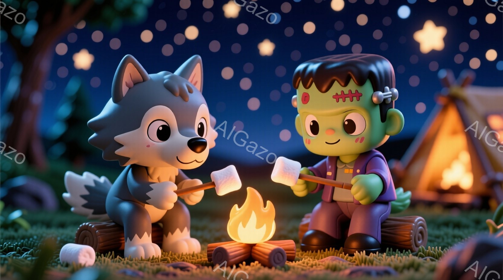 狼のキャラクターとフランケンシュタインのモンスターが、小さな焚き火を囲んでマシュマロを焼いている様子が描かれています。狼は青い毛並みで、フランケンシュタインは緑色の肌とボルトの首を持ち、それぞれに笑顔 - AI生成フリー素材