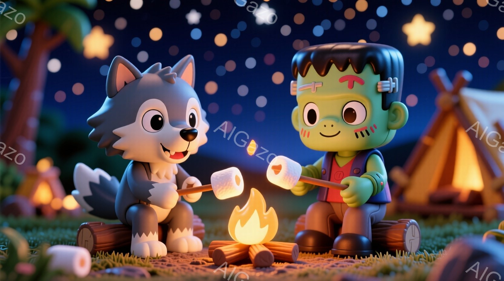可愛らしい狼の男の子とフランケンシュタインのモンスターが、キャンプファイヤーを囲んでマシュマロを焼いている様子が描かれています。狼の男の子は明るい笑顔で、フランケンシュタインは少し控えめな笑顔で、どち - AI生成フリー素材