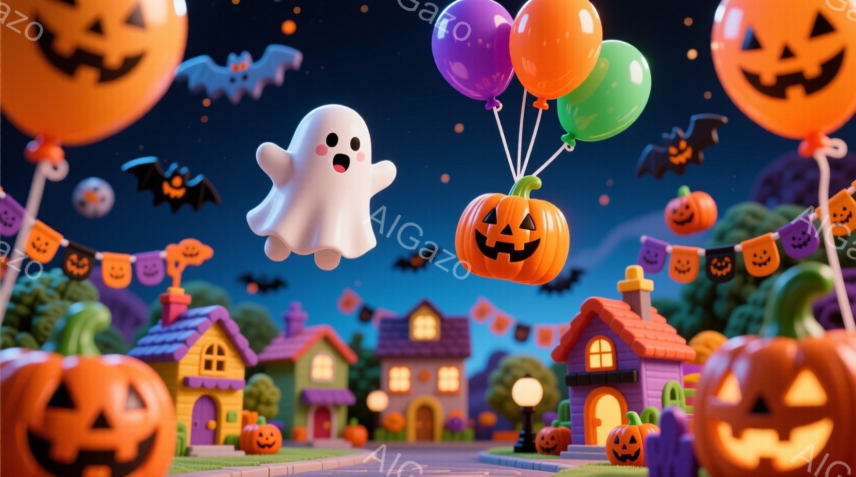 鮮やかなハロウィーンの街並みが描かれています。可愛らしいお化けが紫、オレンジ、緑の風船につかまりながら空中に浮かび、その表情は少し驚いたようです。背景には、カラフルな屋根の家々が並び、地面にはたくさん - AI生成フリー素材