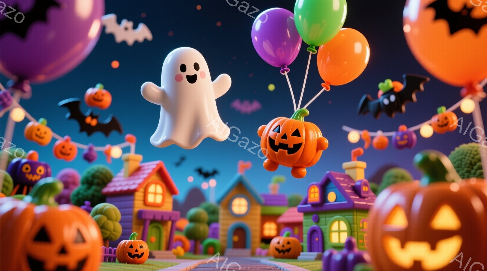 カラフルで可愛らしいハロウィンのイラストで、紫、オレンジ、緑色の風船に吊り下げられたカボチャと幽霊が描かれています。背景には、ハロウィンの装飾が施された家々が並び、黒いコウモリが空を舞い、楽しいお祭りの雰囲気が漂っています。全体的に、明るくポップで、子供向けの楽しいイラストです。