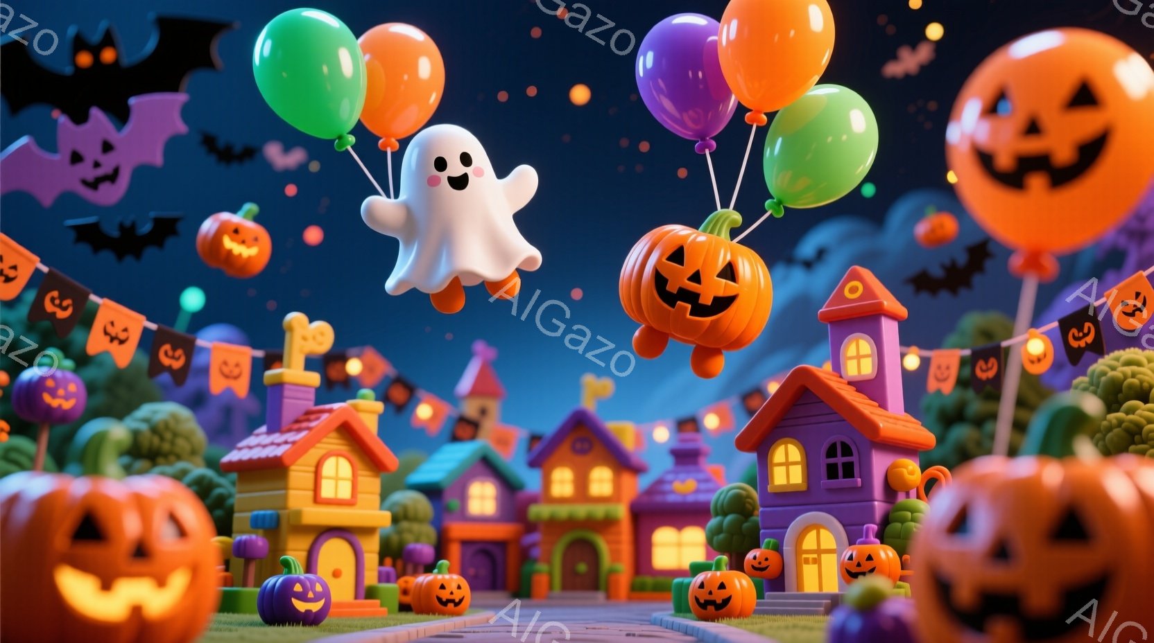 カラフルで可愛らしいハロウィーンの街並みが描かれています。オレンジ、紫、ピンクの家々が並び、その周りにはたくさんのジャック・オー・ランタンが置かれています。空には、かぼちゃの形をした風船と幽霊が浮かび、お祝いの雰囲気を盛り上げています。