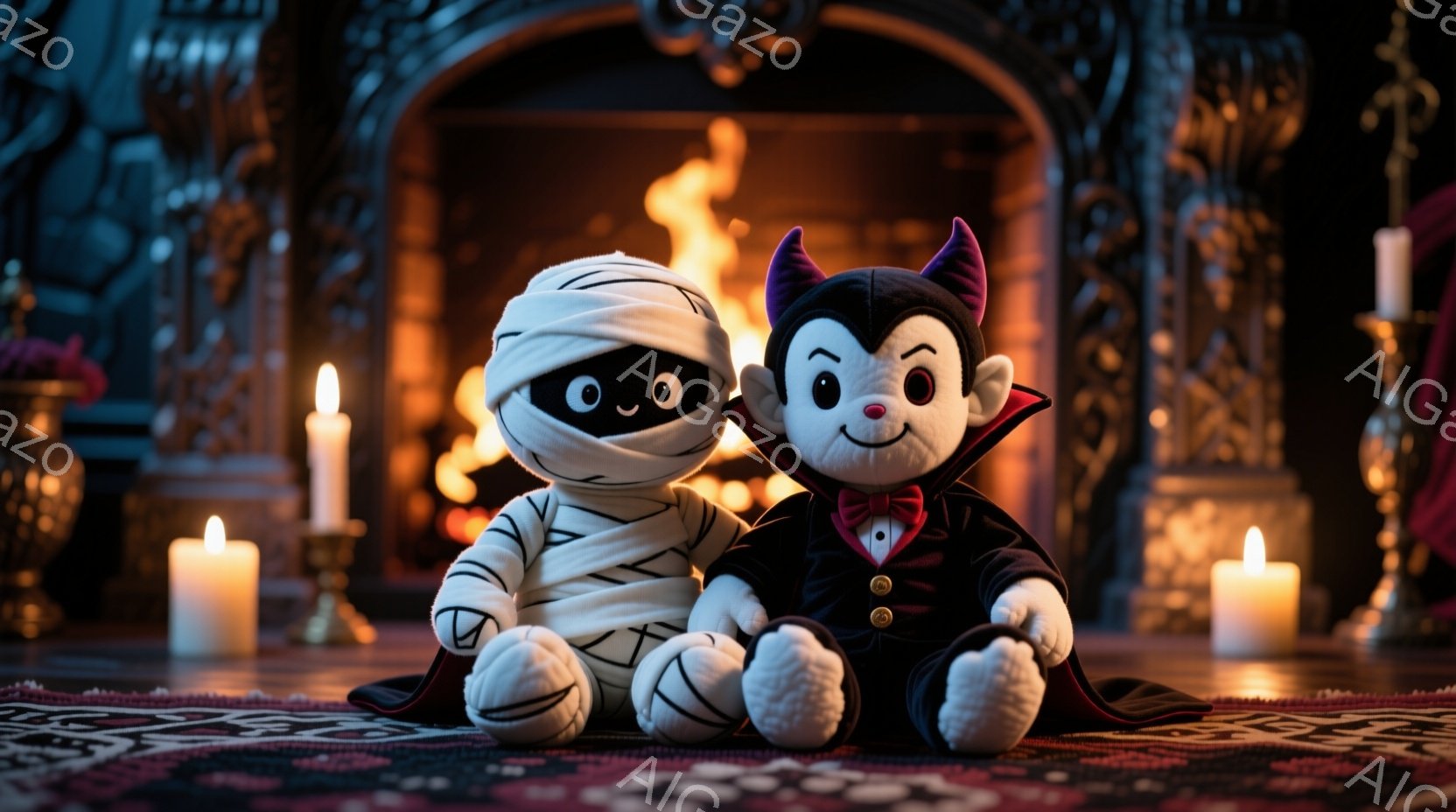 ぬいぐるみであるミイラと吸血鬼が、赤い模様の敷物の上に座っています。ミイラは全身が包帯で覆われ、可愛らしい表情をしています。背景には暖炉があり、オレンジ色の炎と周りのキャンドルの光が、不気味でありなが - AI生成フリー素材