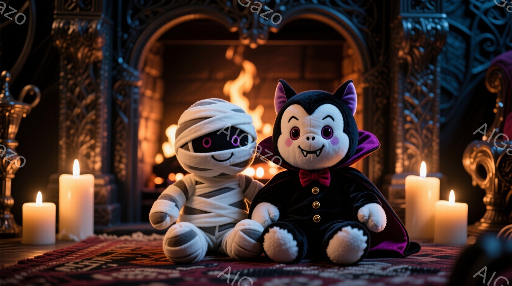 ぬいぐるみになったミイラとドラキュラが赤い絨毯の上に座っています。ミイラは白い包帯で覆われ、大きな緑色の目が特徴的で、ドラキュラは黒い衣装に赤いマントを羽織り、鋭い牙を見せて微笑んでいます。背景には暖 - AI生成フリー素材