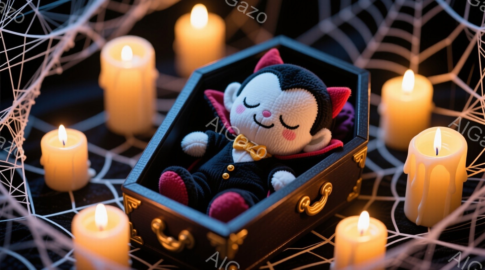 小さなニット製の吸血鬼の人形が小さな黒い棺桶の中に横たわっている様子を捉えています。人形は赤いベスト、白いシャツ、黒いズボンを身に着け、首には黄色のリボンタイを締めています。背景には、燃えるキャンドルと蜘蛛の巣が描かれ、少し不気味ながらも可愛らしい雰囲気を醸し出しています。