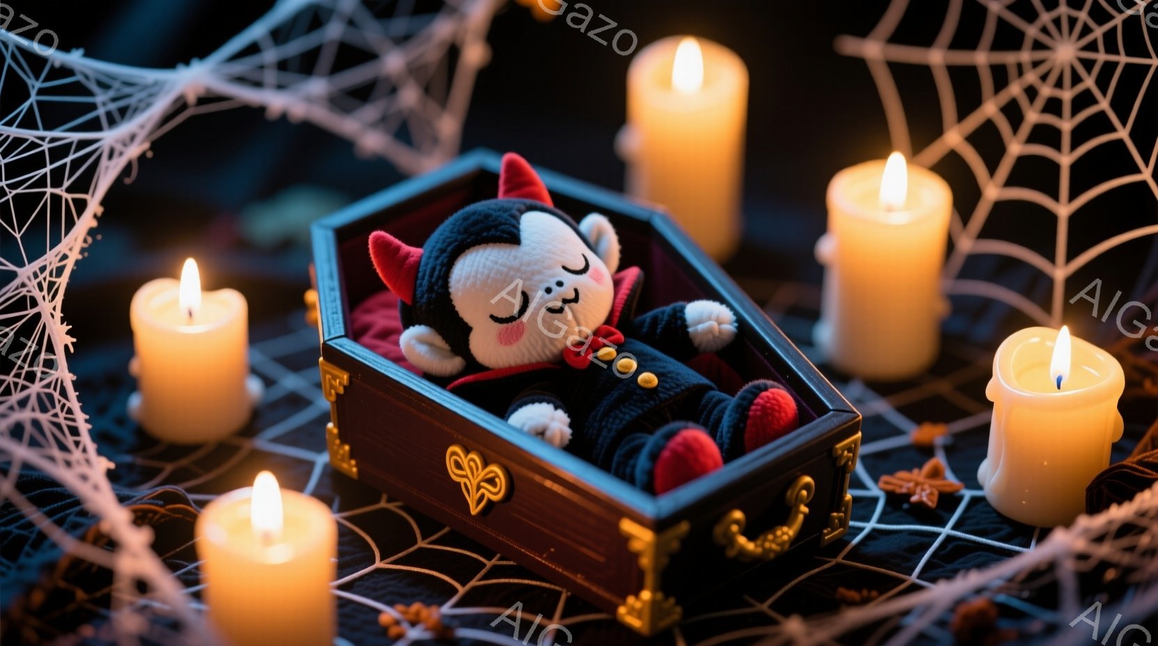 鮮やかな赤いベルベットの衣装を着た小さな吸血鬼の人形が、装飾的な黒い棺の中に横たわっています。人形は笑顔で、大きな目と小さな牙が特徴的です。背景には蜘蛛の巣が広がり、周囲には点灯したキャンドルが配置さ - AI生成フリー素材