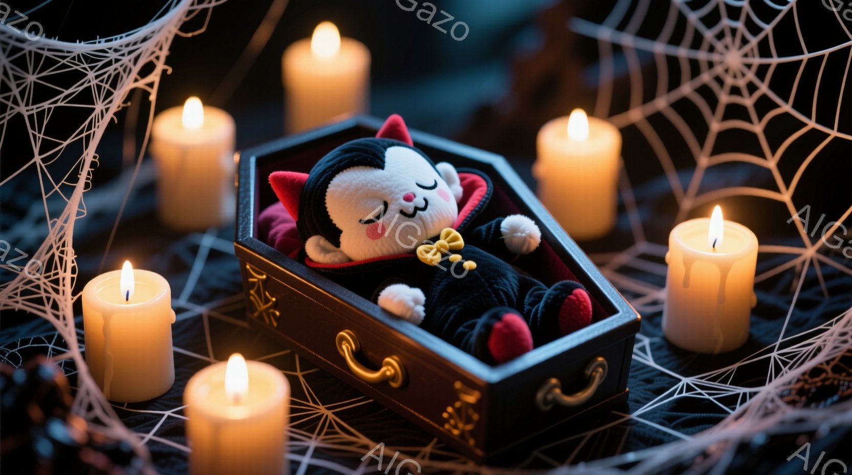 小さな黒い吸血鬼の人形が、赤い内張りの棺桶の中に横たわっています。人形は赤い襟と蝶ネクタイを付けた黒いスーツを着ており、眠ったような穏やかな表情をしています。背景には、蜘蛛の巣と点在するロウソクがあり - AI生成フリー素材