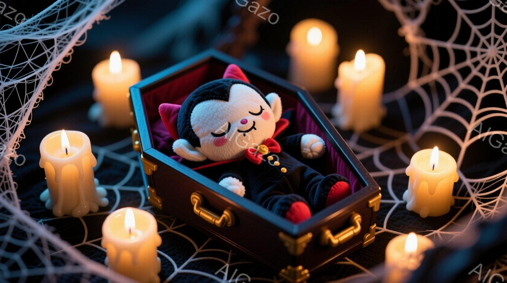小さな吸血鬼のぬいぐるみは、赤いベルベットの内張りの棺桶の中に横たわっています。黒いスーツに赤いマントを着て、ボタンが可愛らしく並んでいます。背景には、蜘蛛の巣模様の布と、点々と灯ったキャンドルが散り - AI生成フリー素材