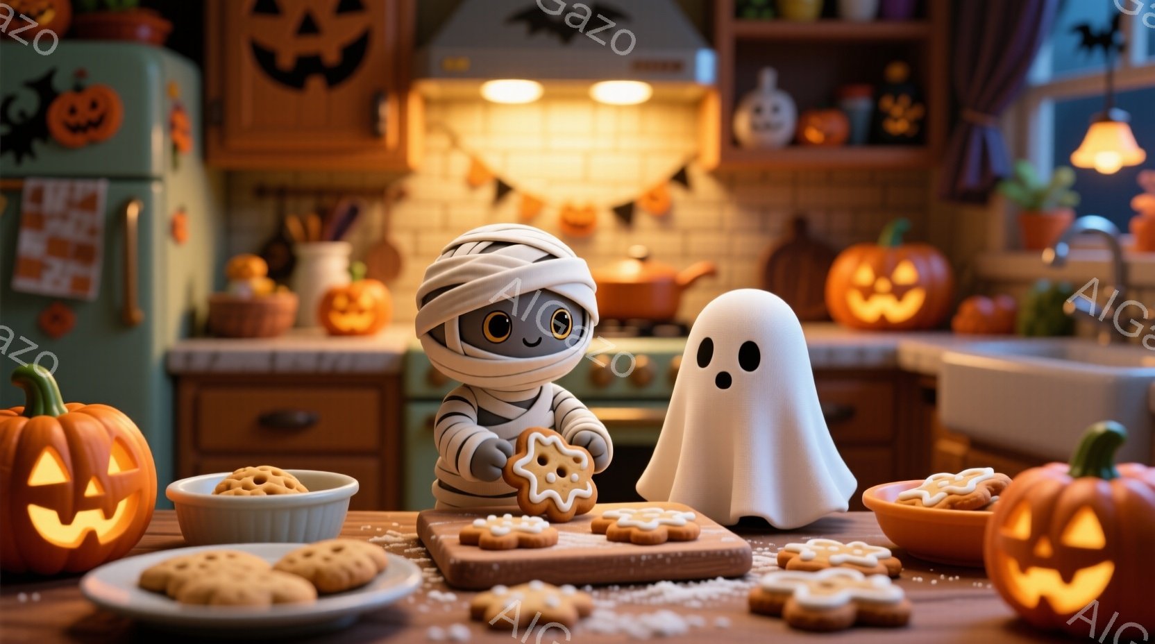 ハロウィーンの飾り付けがされたキッチンで、ミイラの格好をしたキャラクターがクッキーを手に持っています。隣にはお化けの形をしたキャラクターが立っており、テーブルの上にはたくさんのハロウィーン風のクッキー - AI生成フリー素材