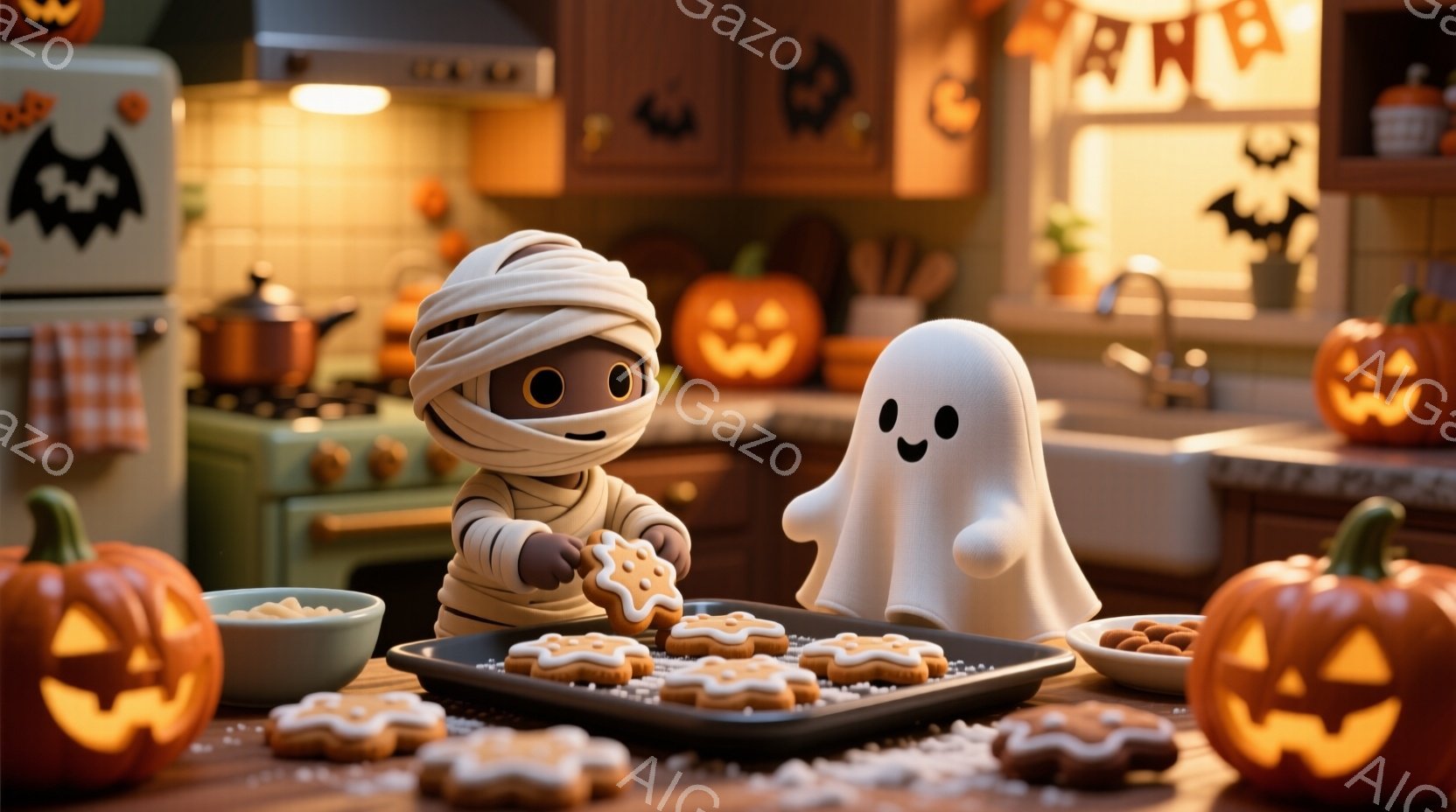 包帯でミイラのように巻かれた少年が、アイシングをかけたビスケットをトレイから手に取ろうとしている。背景にはハロウィーンの装飾が施されたキッチンがあり、カボチャのランタンや幽霊の飾りなどが置かれている。全体的に暖色系の照明で、温かく楽しいハロウィーンの雰囲気が漂っている。