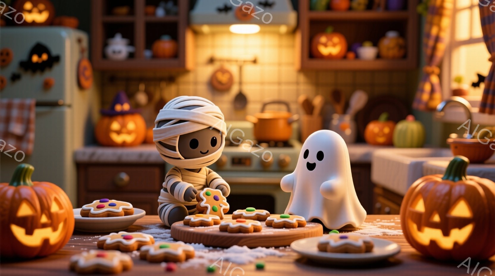 ハロウィーンの背景で、ミイラと幽霊のキャラクターがクッキーをデコレーションしています。ミイラは包帯で覆われた頭に可愛らしい表情をしており、幽霊は丸い体と優しい笑顔をしています。背景にはオレンジ色のカボ - AI生成フリー素材