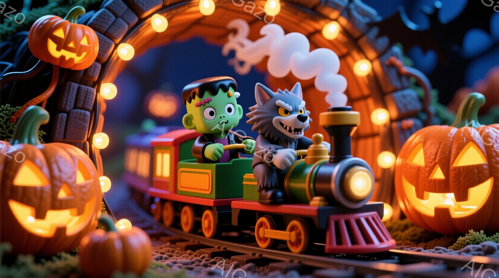 緑色のフランケンシュタインのモンスターと灰色の狼が、赤と緑のミニチュア列車を運転している。列車はカボチャのランタンで飾られたトンネルを通り、背景には大きなカボチャが並んでいる。全体的に、ハロウィーンの - AI生成フリー素材