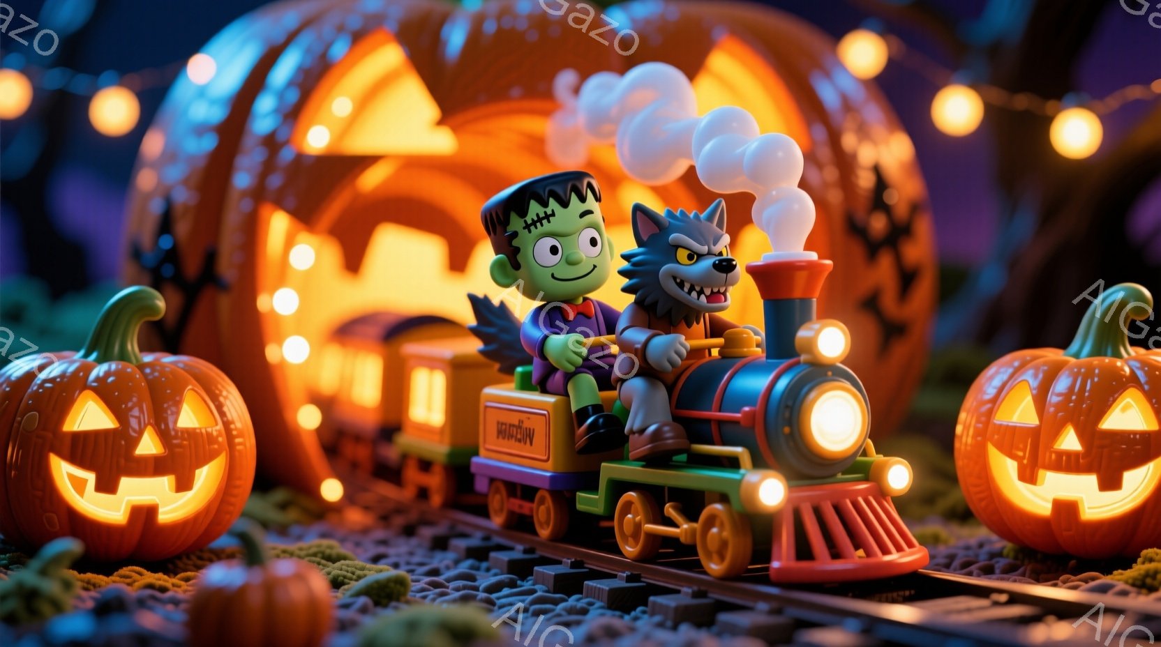緑色の肌をしたフランケンシュタインと、毛むくじゃらの狼男が、カラフルな蒸気機関車の運転席に座っています。彼らは笑顔で、蒸気機関車はハロウィンの飾り付けられたトンネルを走っており、背景には彫刻が施されたカボチャと、光るハロウィンの装飾が散りばめられています。全体的に、お祝いの雰囲気で楽しげなハロウィンの情景です。