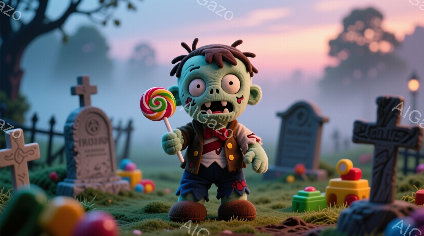 ゾンビのようなキャラクターがカラフルなキャンディを持っています。緑色の肌にボサボサの黒髪で、身につけているのはベストとズボンです。背景には墓石やフェンスが並び、お菓子が散らばっており、全体的に明るく可 - AI生成フリー素材