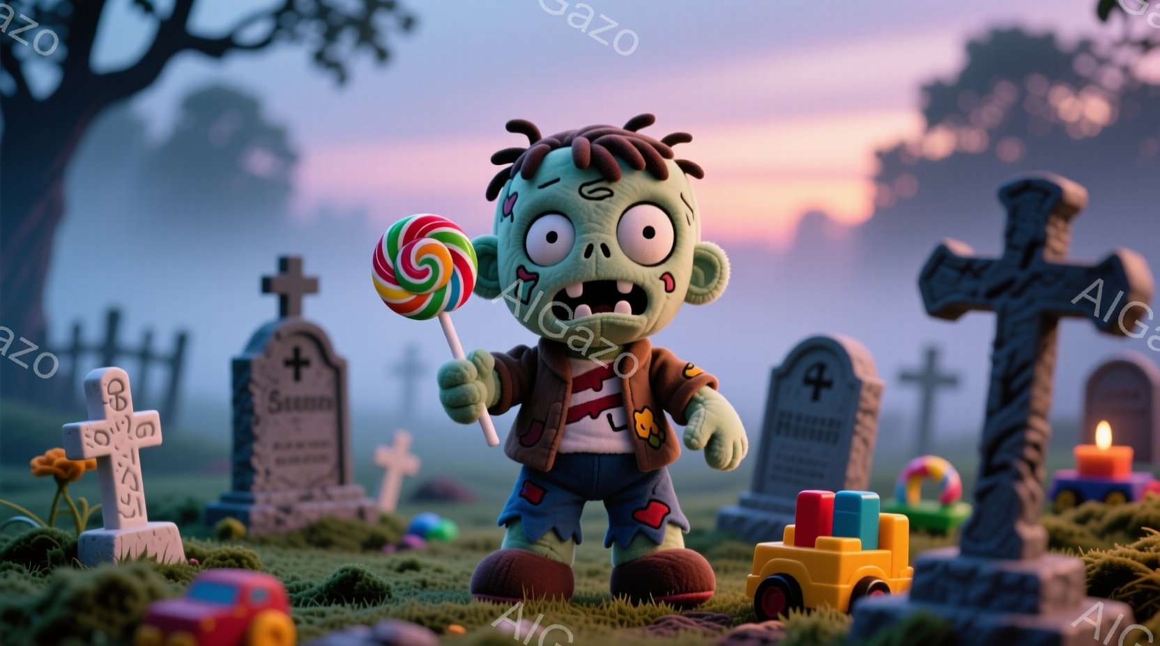 緑色の肌をしたゾンビ風のキャラクターが、墓地でカラフルなキャンディを持っています。彼は赤い縞模様のシャツと茶色のジャケットを着ており、ぼさぼさとした黒い髪と少し驚いたような表情をしています。背景には墓 - AI生成フリー素材