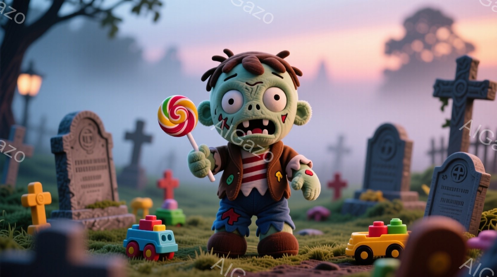 緑色の肌をした、縫い目のあるゾンビのような男の子が、キャンディを手に墓地で立っています。彼は茶色の髪、赤いネクタイ、青いジャケットを着ており、不気味ながらも可愛らしい表情をしています。背景には、おもち - AI生成フリー素材