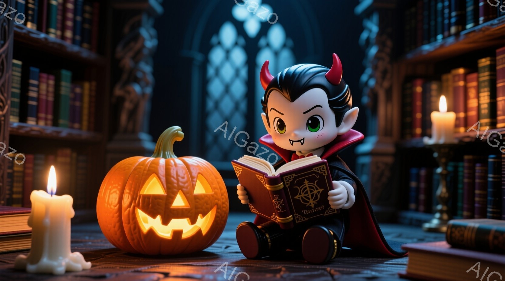 小さな吸血鬼のような少年が、古びた本を熱心に読んでいる様子が描かれています。彼は黒いスーツに赤いマントを羽織り、整った黒髪と鋭い牙が特徴的で、真剣な表情で本に集中しています。背景には、たくさんの古書が - AI生成フリー素材