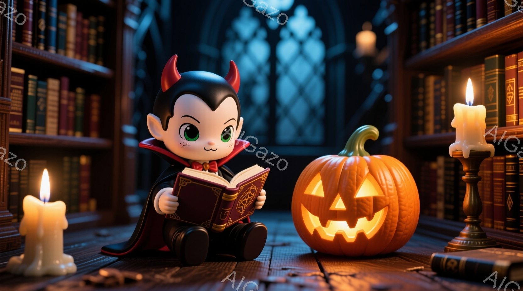 小さなヴァンパイアが、大きな本を真剣な表情で読んでいる様子が描かれています。黒い髪と角、赤いケープと黒い靴を身に着け、木製の棚とロウソクが並ぶ部屋に座っています。背景にはハロウィーンのジャック・オ・ラ - AI生成フリー素材