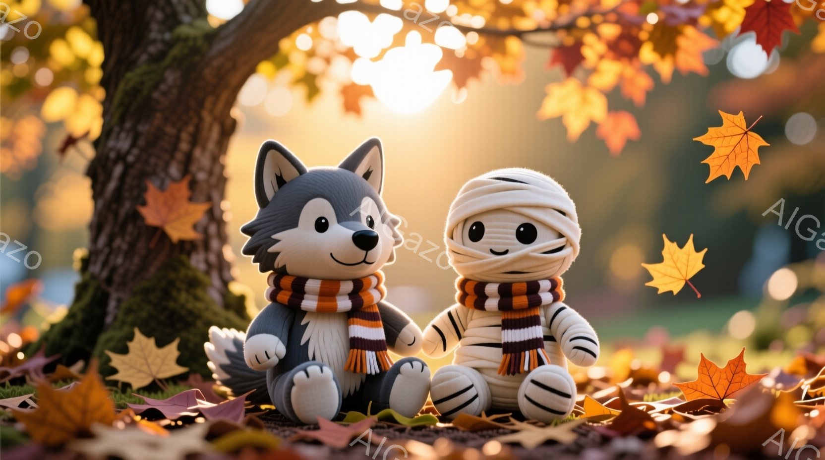 灰色の狼のぬいぐるみとミイラのようなぬいぐるみが、落ち葉がたくさんある地面に並んで座っています。どちらもオレンジと白のストライプの首巻きを巻いており、狼は微笑んでいて、ミイラは穏やかな表情をしています - AI生成フリー素材