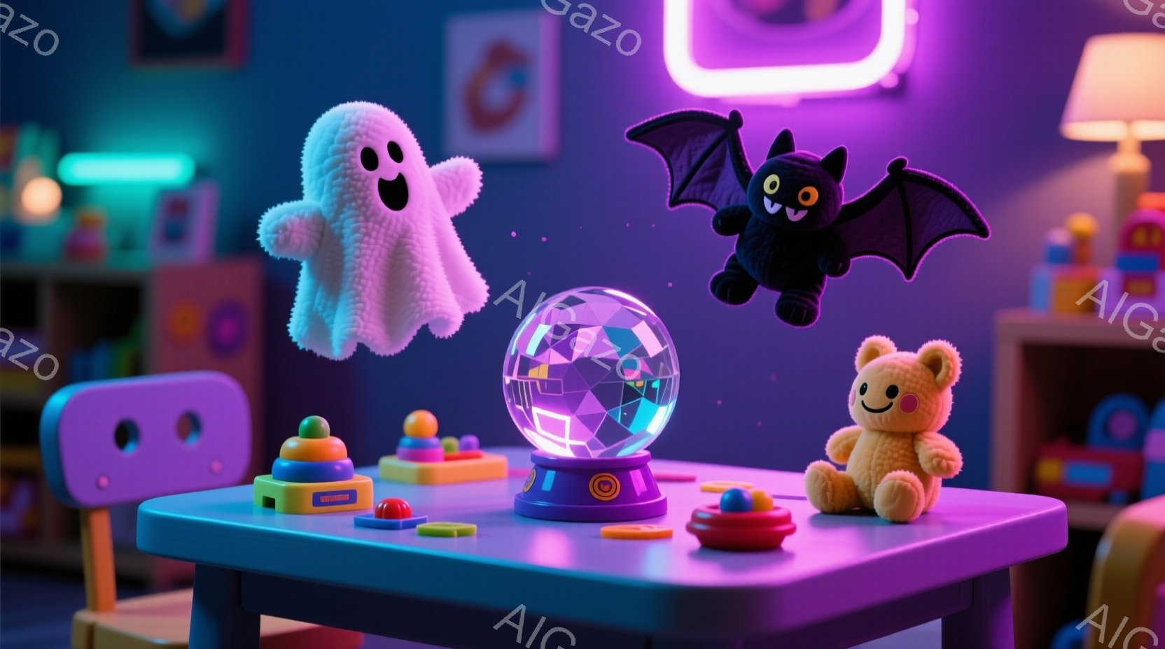 明るい紫色のテーブルの上に、おもちゃの積み木やテディベアが置かれています。テーブルの上には、光るダイヤモンド型のオブジェがあり、その周りにはかわいい幽霊とコウモリが浮いています。背景には、おもちゃやカラフルな壁があり、全体的に遊び心のある楽しい雰囲気です。