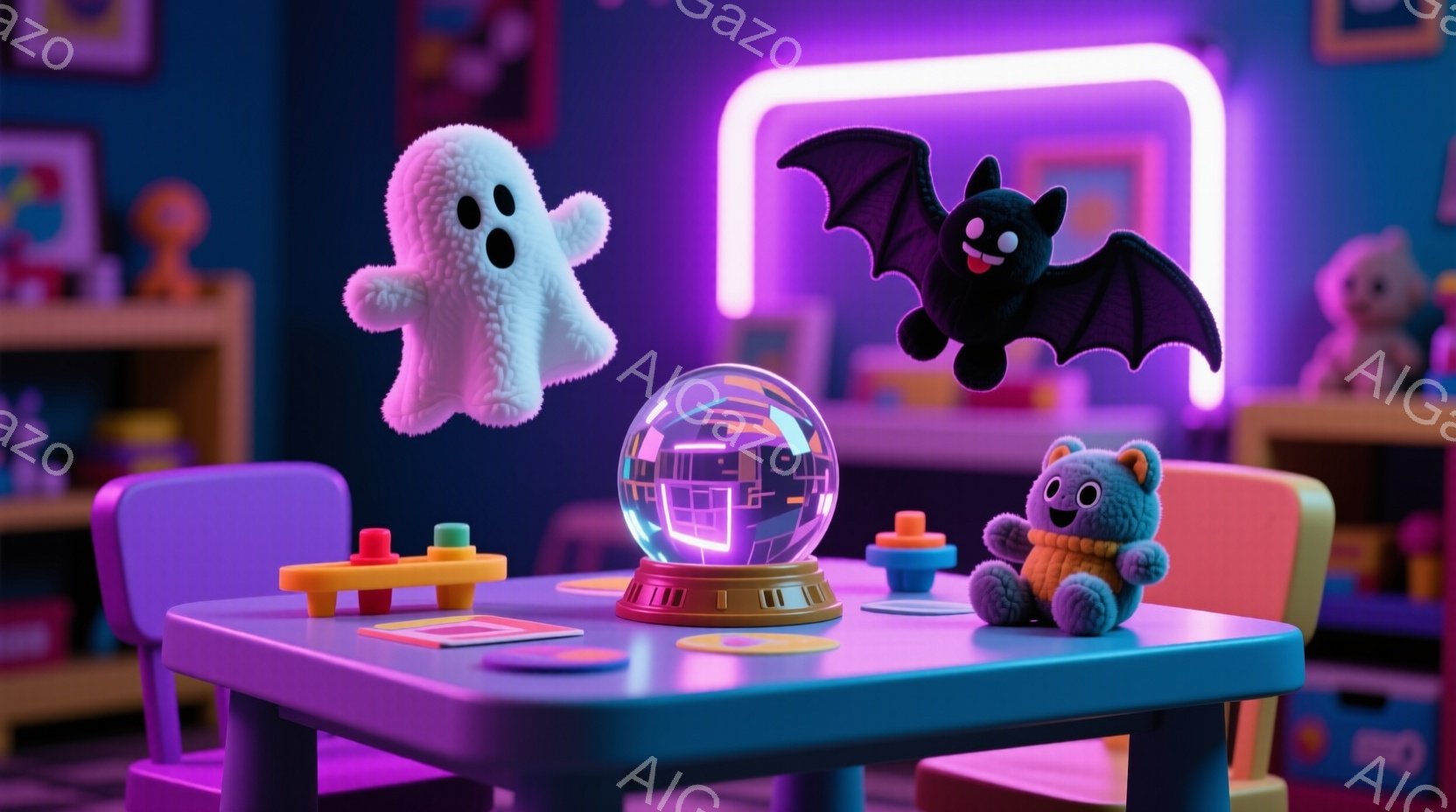 鮮やかな紫色の子供用テーブルの上に、水晶玉、お化けのぬいぐるみ、コウモリのぬいぐるみ、テディベアのぬいぐるみなどが置かれています。背景には、子供向けの装飾が施された棚や、カラフルな子供用家具が見え、全 - AI生成フリー素材