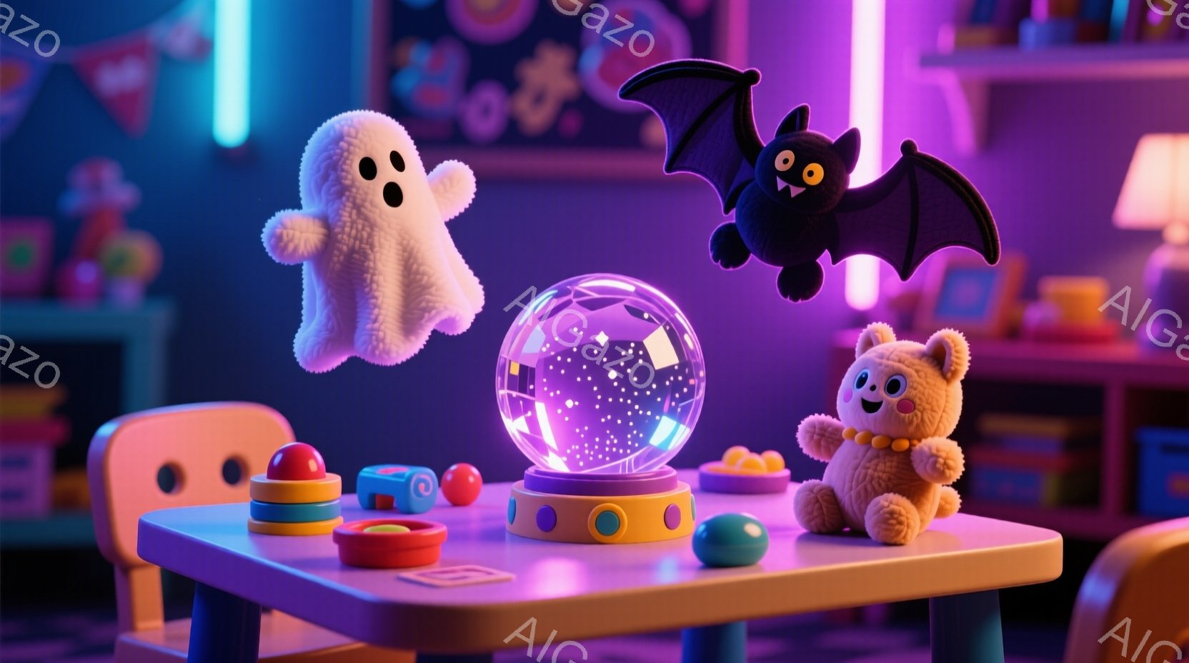 遊び場の一室が描かれており、紫色の照明に照らされたテーブルの上には、おもちゃの積み木やクリスタルボールが置かれています。テーブルの周りには、可愛らしいお化けとコウモリが浮遊しており、毛むくじゃらのテディベアが座っています。全体的にハロウィーンを連想させる、夢のような雰囲気で、子供向けの遊び心溢れる空間が表現されています。