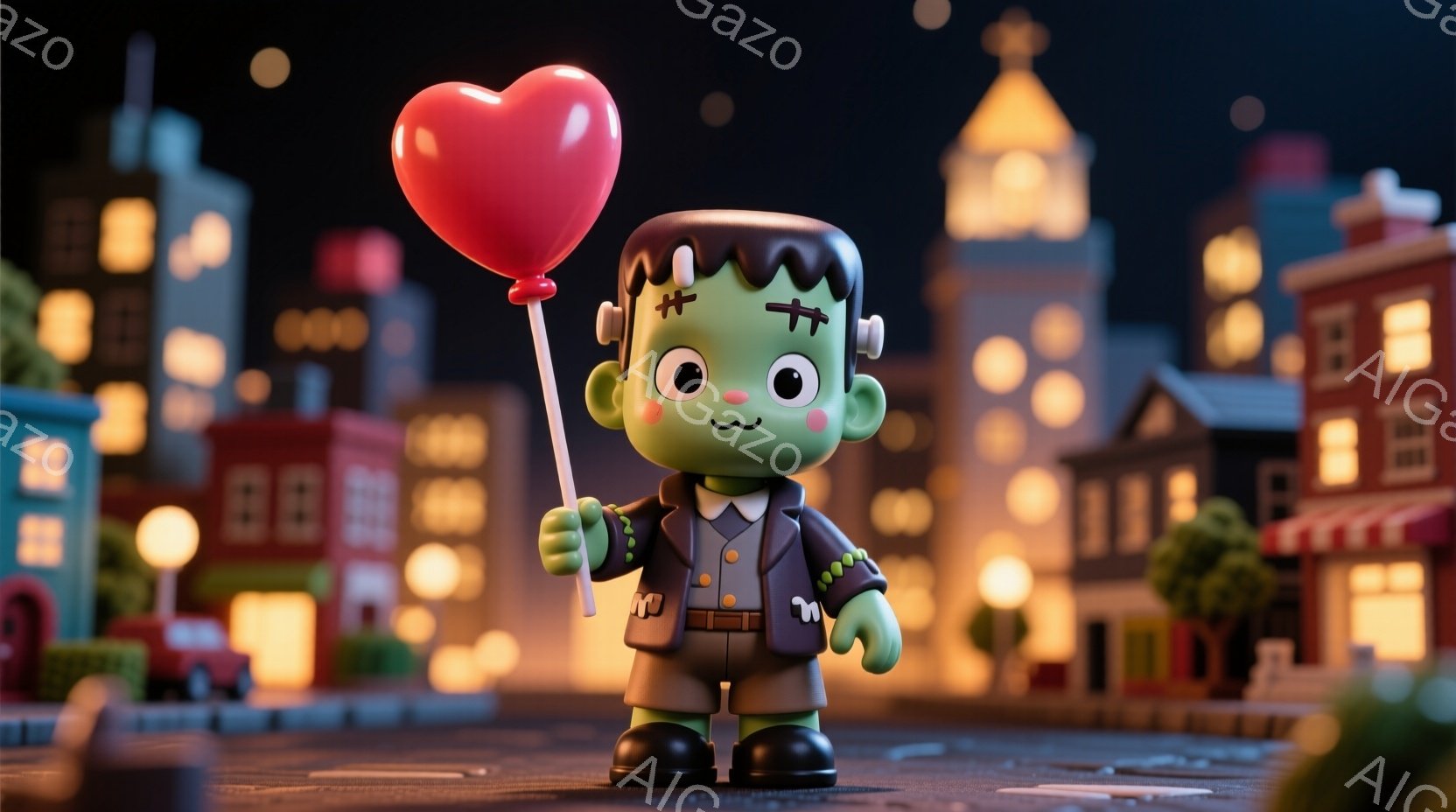 おもちゃのようなフランケンシュタインのモンスターが赤いハート型の風船を持って立っている様子を描いています。モンスターは、ダークグリーンの肌、ボルトの付いた髪、笑顔の表情をしており、黒いジャケットと灰色のズボンを着ています。背景には、夜の街並みと小さな木々が配置され、全体的に可愛らしく遊び心のある雰囲気です。