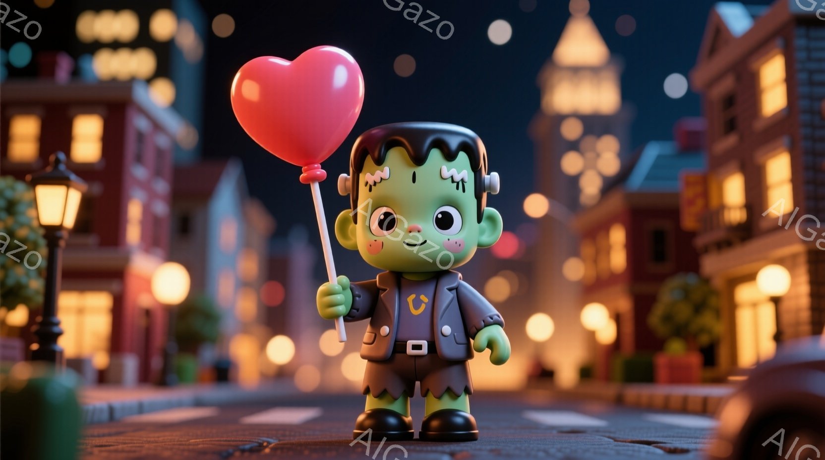 フランクenstein風の可愛らしいキャラクターが描かれています。緑色の肌に黒い髪、そして赤いハート型の風船を持ったキャラクターは、黒いスーツと白いシャツを着ており、明るい笑顔を浮かべています。背景に - AI生成フリー素材