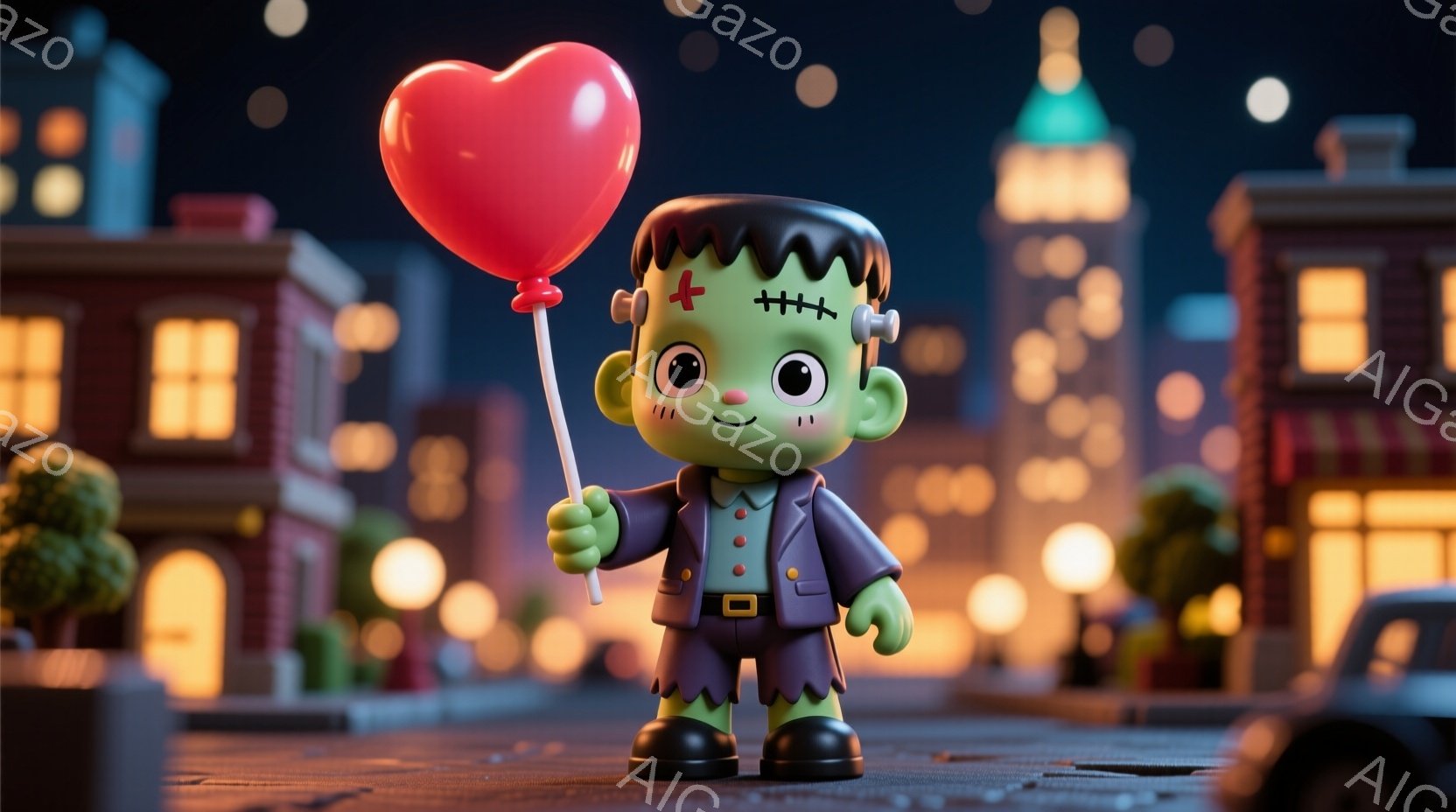明るい緑色のフランケンシュタインのモンスターが、赤いハート型の風船を持っています。彼は、茶色の髪の毛、黒い縫い目、そして明るい笑顔をしています。背景には、カラフルな建物、街灯、そして暗い夜空が広がって - AI生成フリー素材