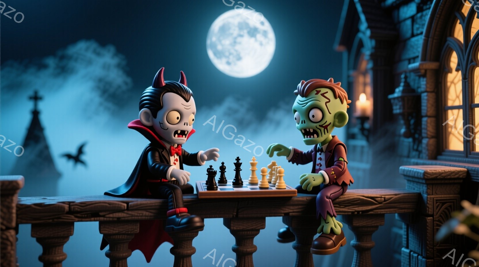 吸血鬼とゾンビがバルコニーでチェスをしている様子が描かれています。吸血鬼は黒いスーツと赤いマントを着て、ゾンビは破れたスーツを着ています。背景にはお城、霧、満月が見え、全体的に不気味でユーモラスな雰囲気です。